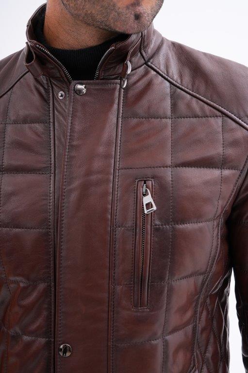detail Kožená prodloužená pánská bunda prošívaná, VĚTŠÍ VELIKOST
