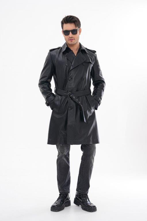 detail Kožený kabát s opaskem