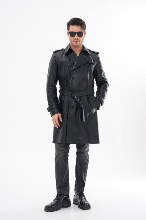 detail Kožený kabát s opaskem